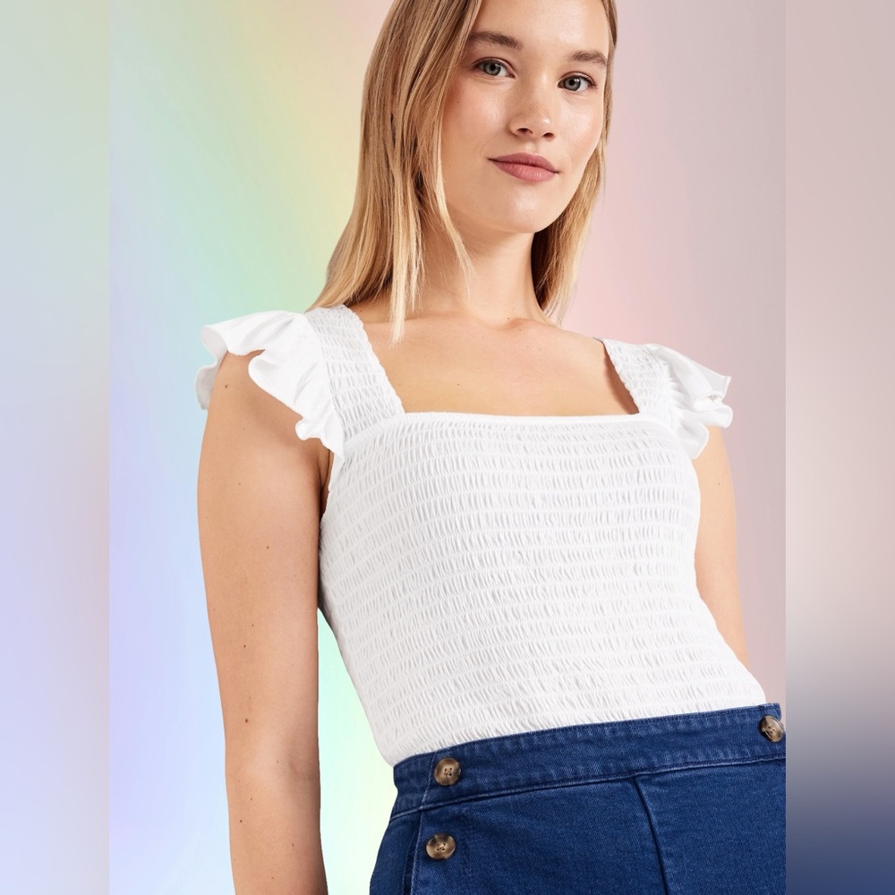 NWTS💓GAP OLD NAVY XL💓CRISP WHITE COTTON SEERSUCKER SMOCKED FLUTTER SLEEVED TOP - Picture 6 of 12